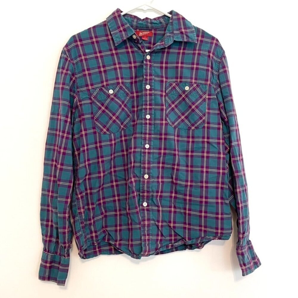 ARIZONA JEAN CO Mens Teal Blue Etc Plaid Lightweight Flannel Button Down Shirt M
